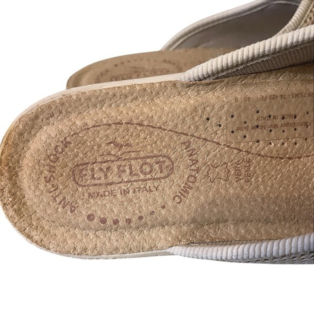 Fly Flot Ladies Size 40 US 9 Tan Fabric Mules Casual Rubber Comfort Slides Italy - Picture 5 of 12